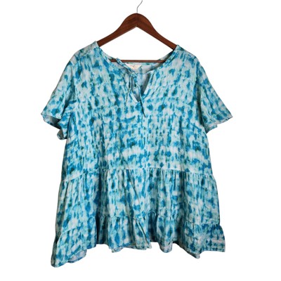 Terra & Sky Blue Tie Dye Peasant Boho SS Pullover Blouse Top Womens 2X(20W-22W)
