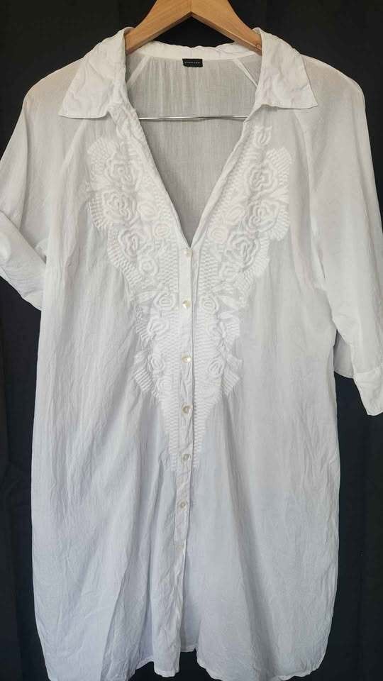 White Embroidered Button-Down Dress