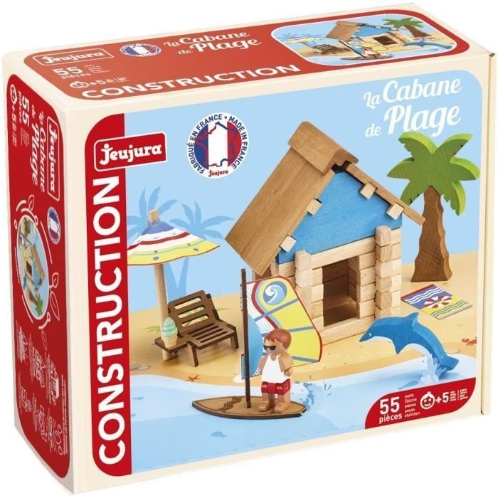 Jeu de construction en bois naturel La Cabane de Plage Jeujura de 55 pièces pour enfant