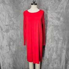 Eileen Fisher Red Long Sleeve Crew Neck Shift Dress M/M Viscose Spandex Basic
