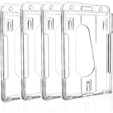 4 Pack Clear Vertical 2-Card Hard Plastic ID Badge Holders Thumb Slot