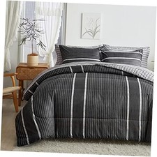 3 Pcs Boho Striped Comforter Set Full Full/Queen Size, Queen 88x88 Dark Grey