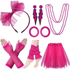 Womens PINK 80s Tutu 9pcs Accessories Set themed party costume NEW IN BOX
