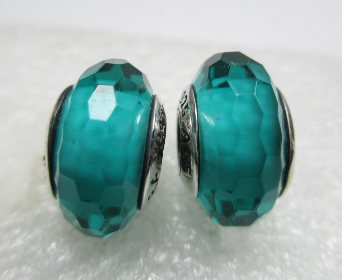 One Piece Fascinating Teal Green Pandora Murano Glass Charm Bead Faceted Screwed