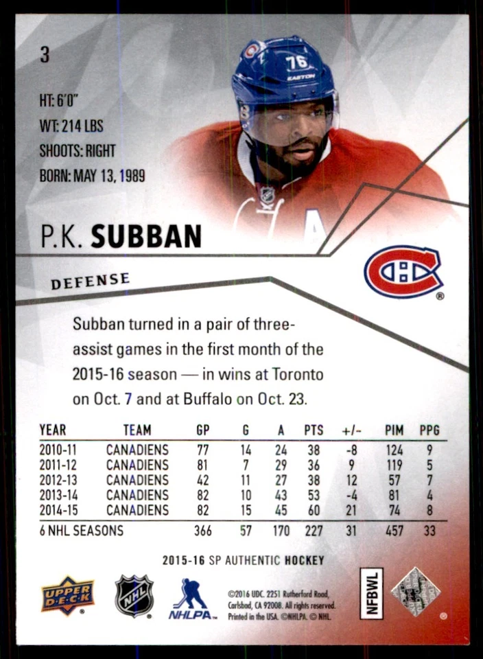 2015-16 SP Authentic P.K. Subban Montreal Canadiens #3 - Image 2 of 2