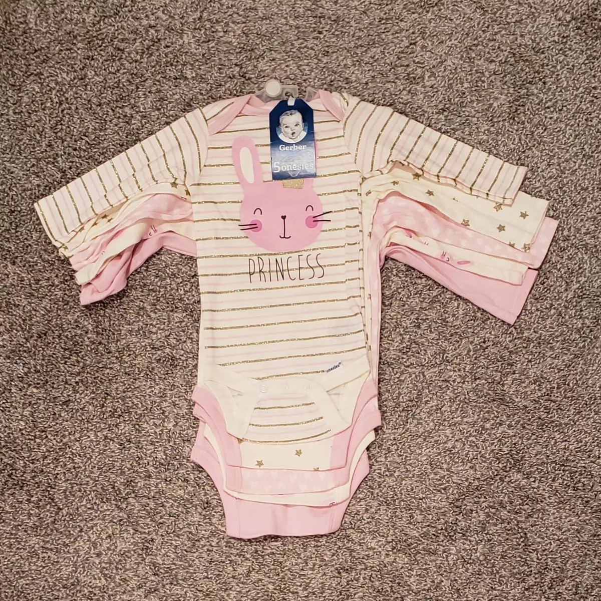 5pk Bunny Princess Long Sleeve Bodysuits Gerber Onesies Baby