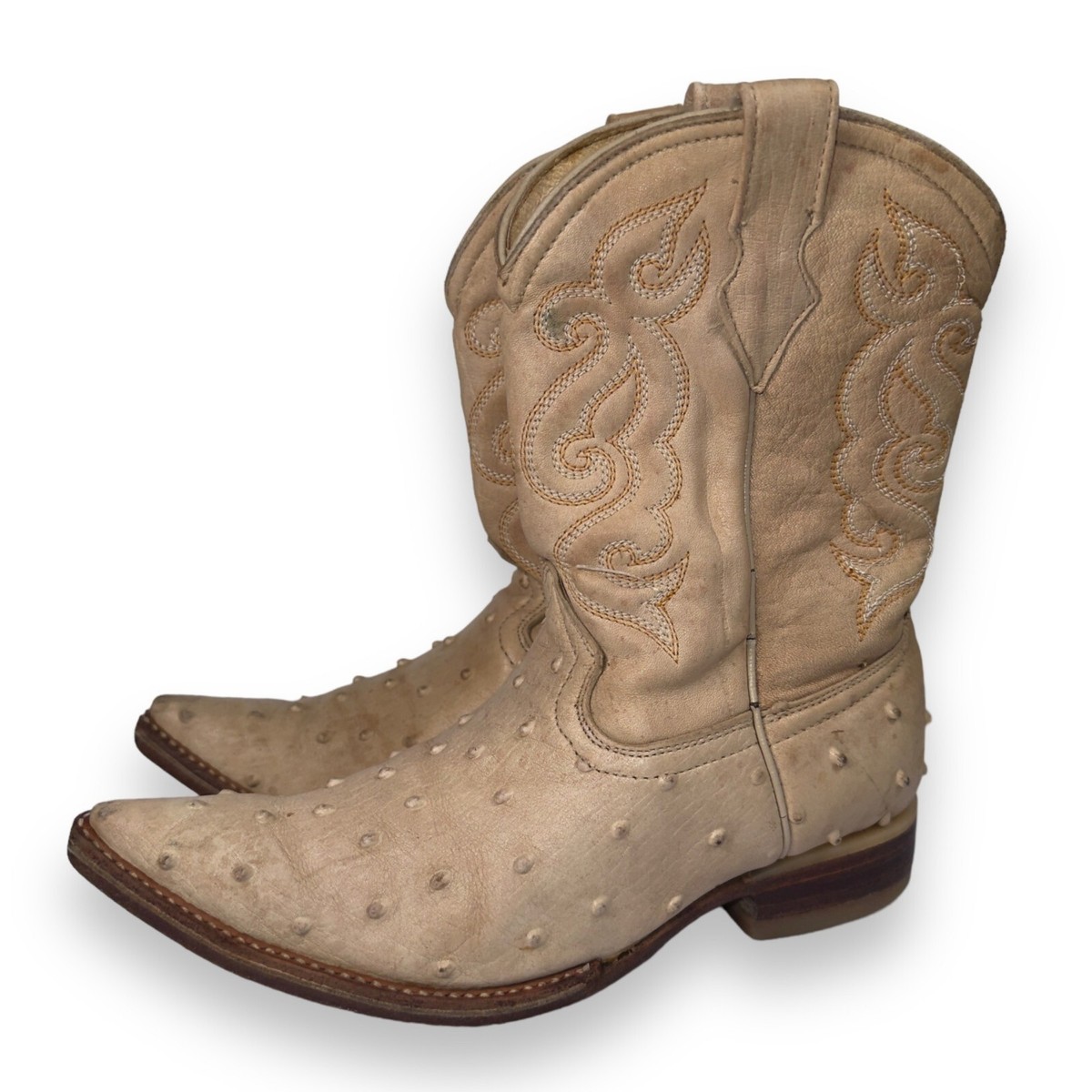 La Sierra Y Carreta Quill Ostrich Western Cowboy Boots Beige 