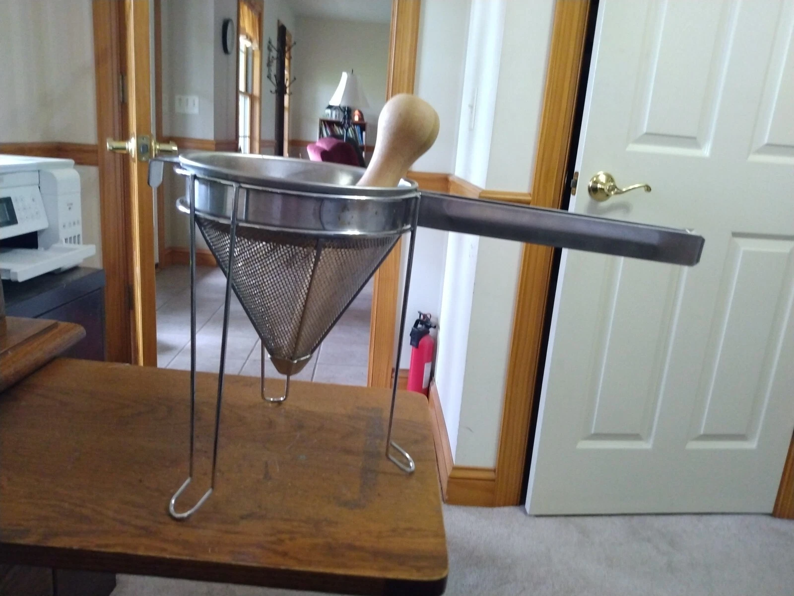 Vintage Cone tomato Strainer Colander wood pestle Food Sieve aluminum 3 pc