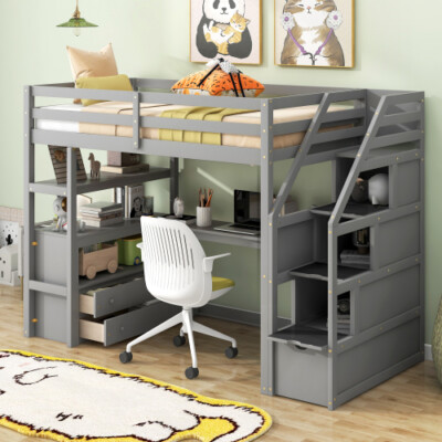 Twin Full Size Loft Bed with Desk & Storage Cabinets Shelve Staircase Bed Frames