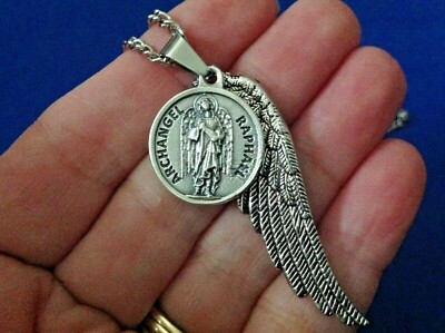 ARCHANGEL St RAPHAEL Saint Medal NECKLACE Pendant Angel Wing PRAYER G3 27'' Chain