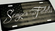 Combo Laser US Flag Diamond Etched Semper Fidelis Fi Car Tag Metal License Plate
