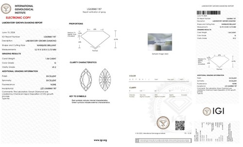 1.54 Ct MARQUISE Cut IGI Certified Lab Grown CVD Diamond G Color VS2 Clarity - Picture 2 of 10
