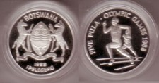 5 Pula Silver Coin Botswana Olympic Seoul 1988 Runner, Coat of Arms