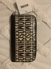 Moschino All Over Logo Print Zip-Around Black And White Wallet Vintage NWT