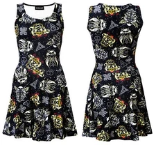 Gothic Grunge Texture Skulls Swords Wings Celtic Skull Roses Retro Skater Dress