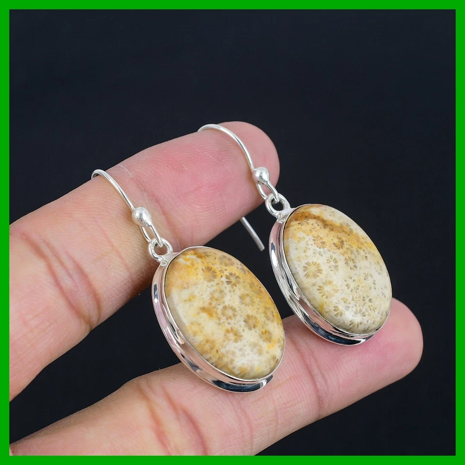 Pendientes colgantes con bisel de coral fósil natural de plata de ley 925 oferta del día de la madre Foto 4 de 4