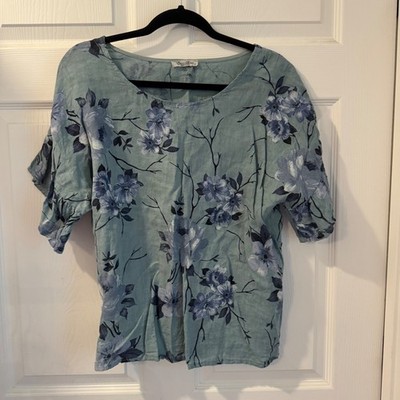 Elena Baldi Blouse Women Small Blue Good Floral Ruffle Sleeve Made in Italy
