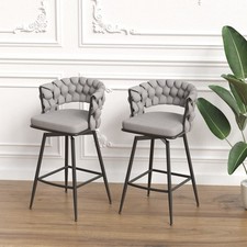 28" Bar Chair Linen Woven Bar Stool Set of 2,Black legs Barstools No Adjustabl