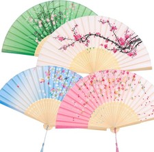 4 Pcs Handheld Folding Fan Small Chinese Silk Tassel Floral Manual Fan Handheld