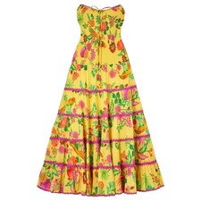 Farm Rio Delicate Fruit Garden Yellow Smocked Strapless Halter Tiered Maxi Dress