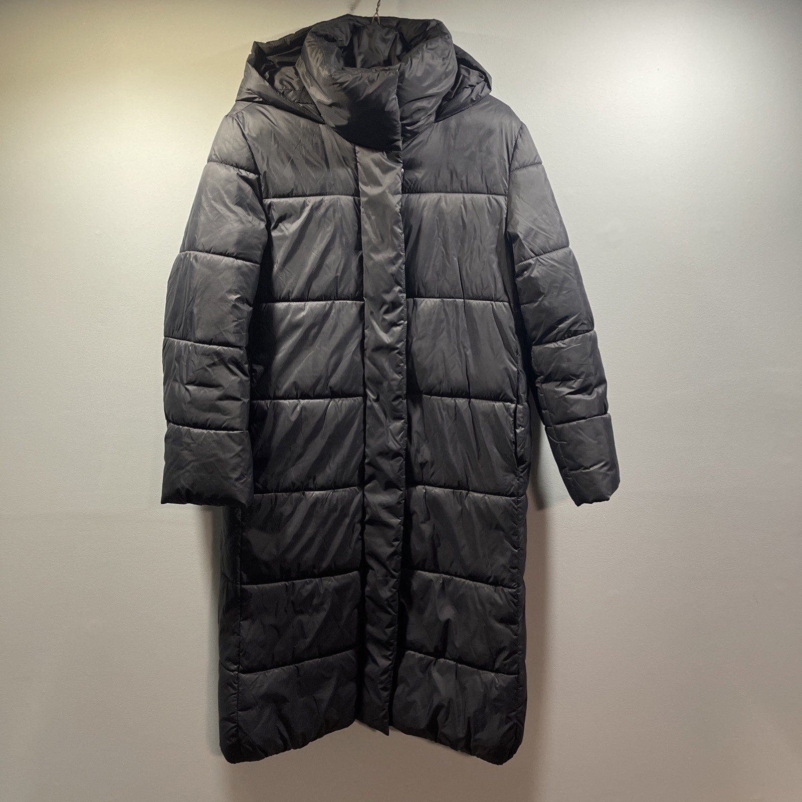 Banana Republic Womens XS Petite Black Hooded Long Zip Snap Puffer Jacket