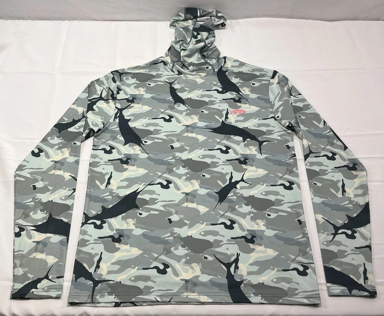 AFTCO Hoodie Men's S Green Camo Lightweight Neck Gaiter Fishing Outdoor Pullover