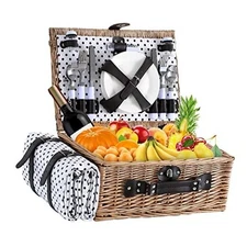 Picnic Basket for 4 Persons with Waterproof Picnic Blanket Brown＆white Spots