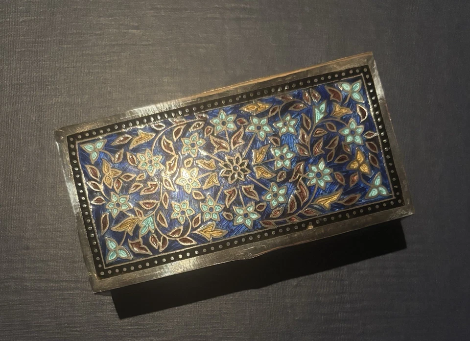 Caja de baratijas vintage india de plata de ley 925 y esmalte cloisonné hecha a mano Foto 2 de 4