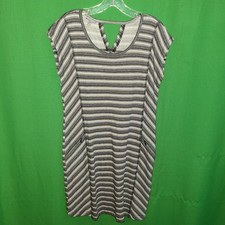 2550) NWOT TALBOTS x-small black striped below knee dress rayon knit pockets 