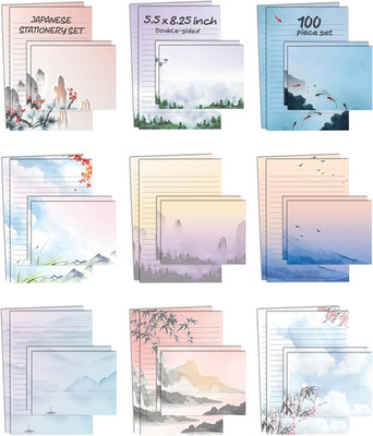 Mini Stationery Set of 100, Japanese Stationery Paper (50 Lined Sheets + 50 Matc