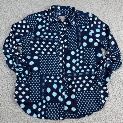 Chico's Blue Polka Dot Button-Down Shirt Size 3 (XL) Roll-Tab Sleeve