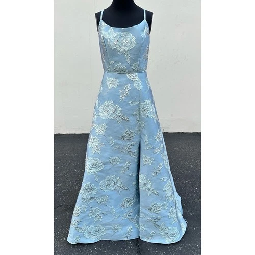 Nightway Womens Brocade Gown Bridal Prom Dress Blue Silver Floral Pockets SZ 8