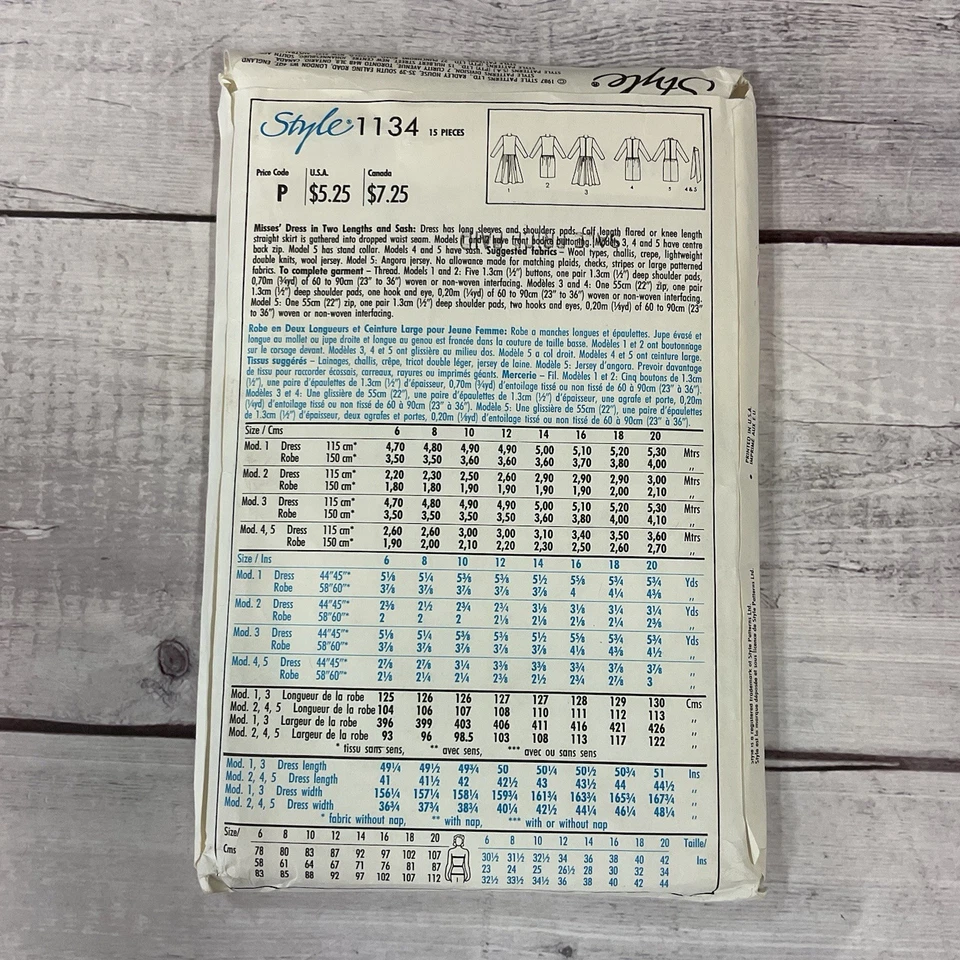 Style 1134 Sewing Pattern Dress Drop Waist Long Sleeve Skirt Options 16-20 UNCUT - Image 2 of 3