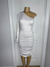 White One-Shoulder Long Sleeve Ruched Midi Dress With Waist Tie