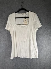 Ted Baker London Shirt Women 4 L White Square NEck Short Sleeve Top Stretch NWT