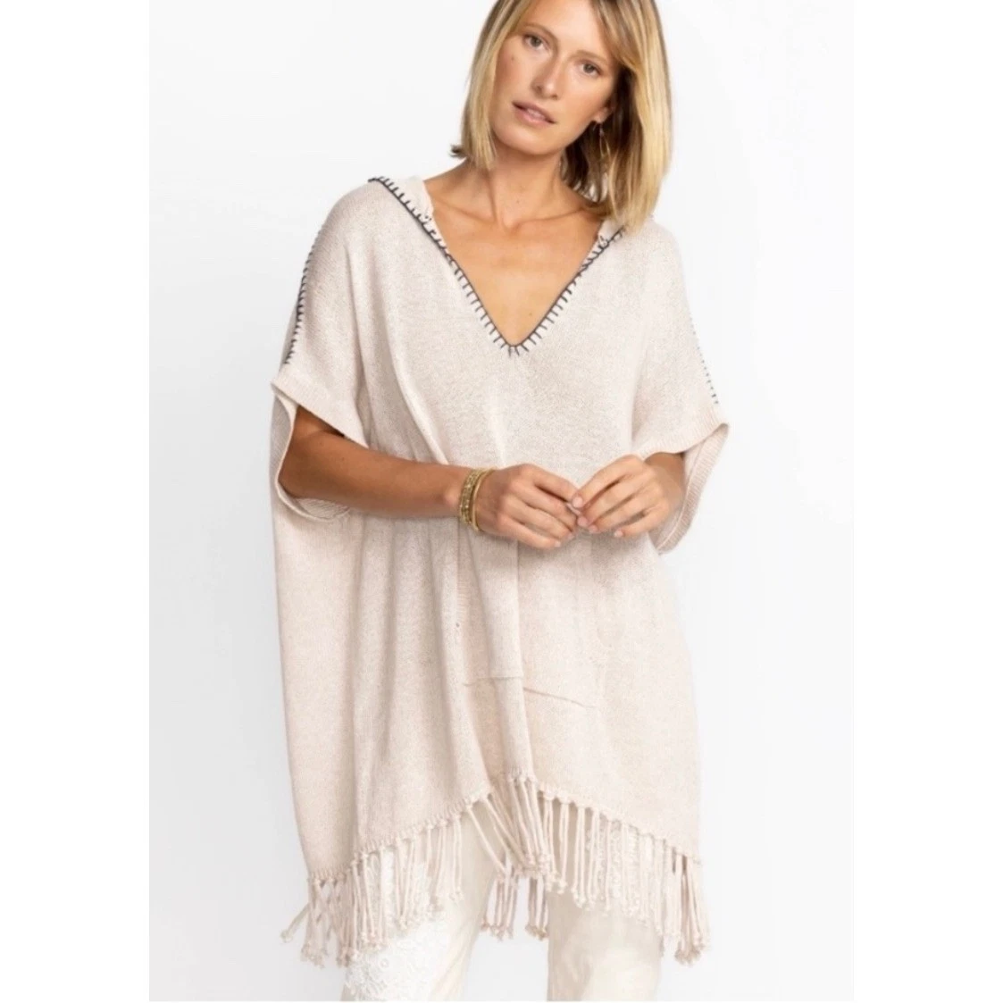 Johnny Was Baja Poncho S/M Taupe Hooded Fringe Beach Boho Resort Travel Vacation