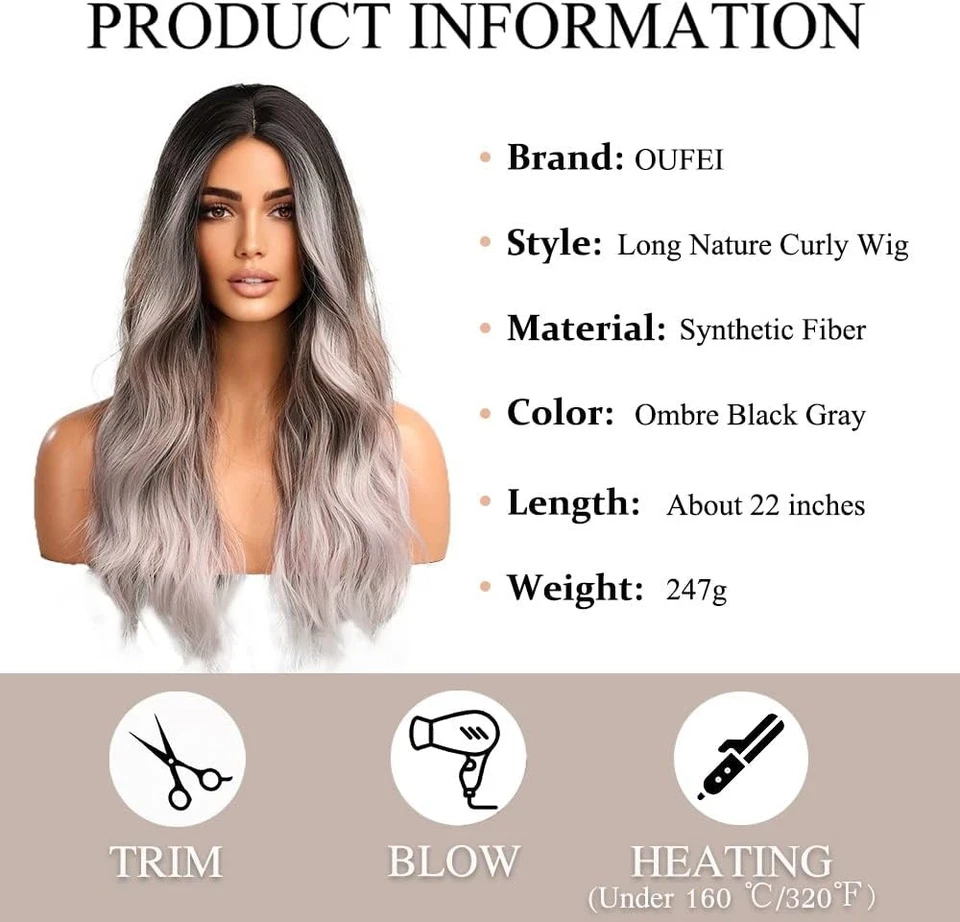 Perruque Femme Ondulée Longue Ombré Noir Gris - Thermorésistant - 22 pouces 7743 - Photo 2/4