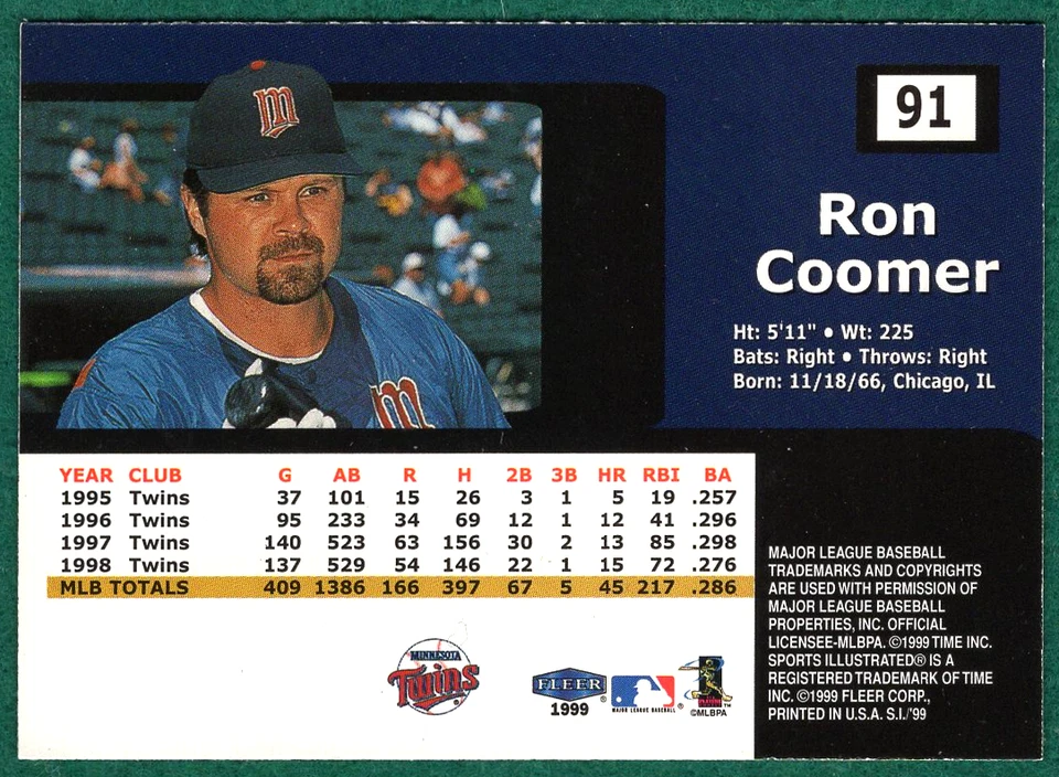 Ron Coomer - 1999 Sports Illustrated #91 - Minnesota Twins Baseball Card - Image 2 of 2