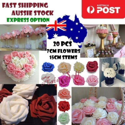 20x Artificial Flowers 7cm Foam Rose Fake Bride Bouquet Wedding