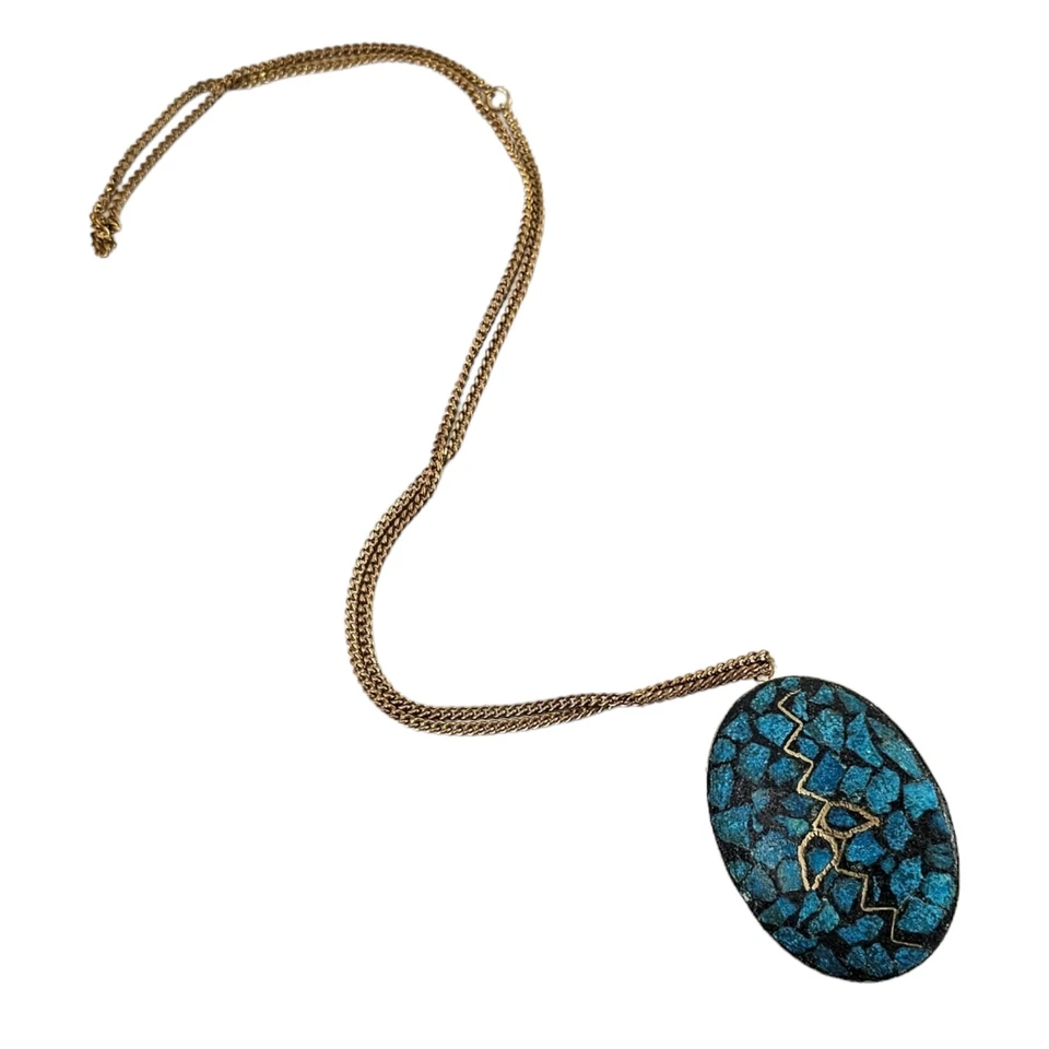 Colgante turquesa mosaico vintage y cadena de latón tono dorado 26" Foto 3 de 4