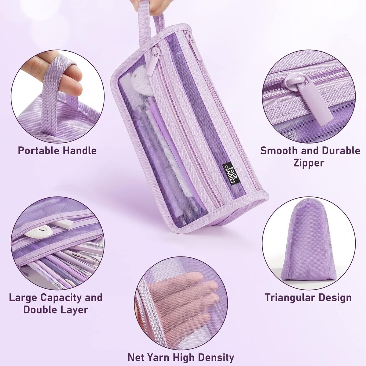 Four Candies Grid Mesh Pencil Case with Handle and Zipper, Clear