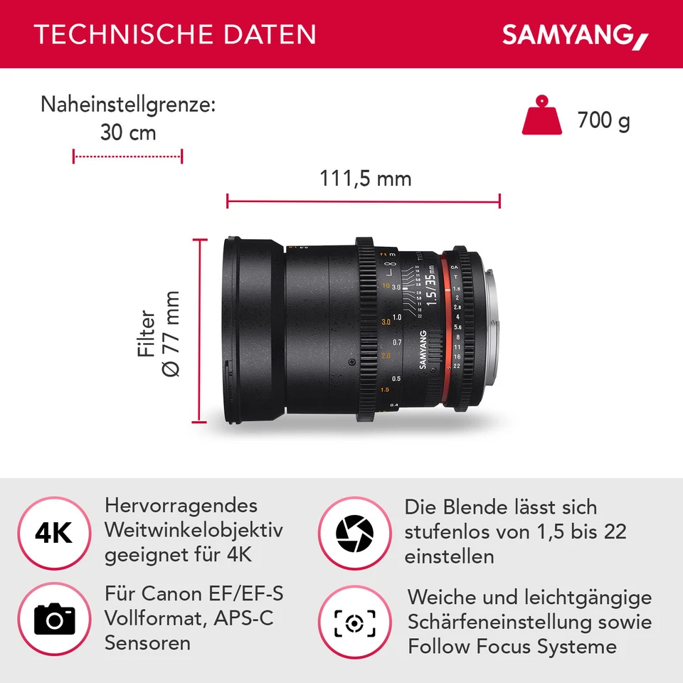 Samyang MF 35mm T1,5 Vidéo DSLR II Canon EF - Photo 3/4