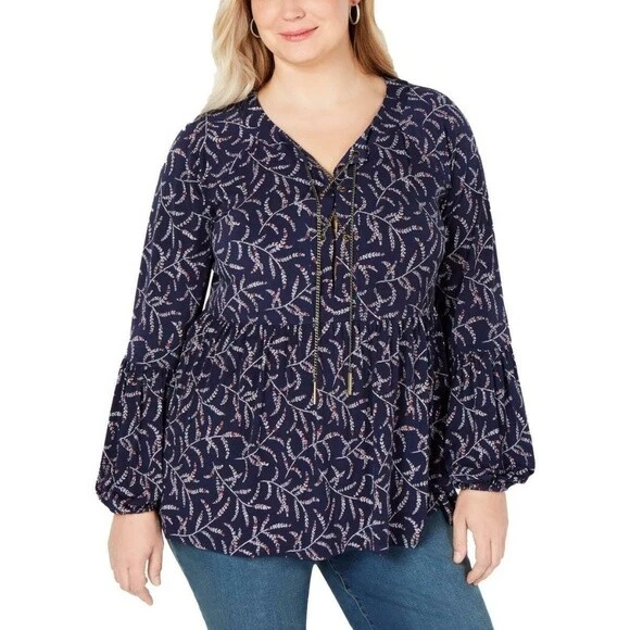 Camicia contadina Michael Kors donna blu navy floreale catena metallica manica lunga plus 0X