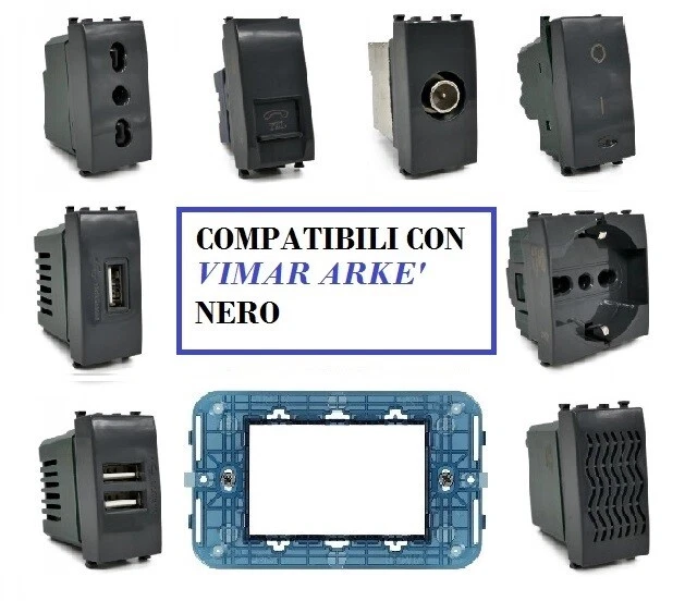 VIMAR ARKE' NERO LUCIDO SCHUKO BIPASSO PULSANTE USB DEVIATORE RJ45