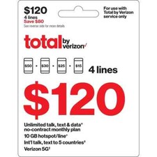 Total by Verizon 120 Unlimited Talk, Text  Data 4-Device No Contract Monthly P