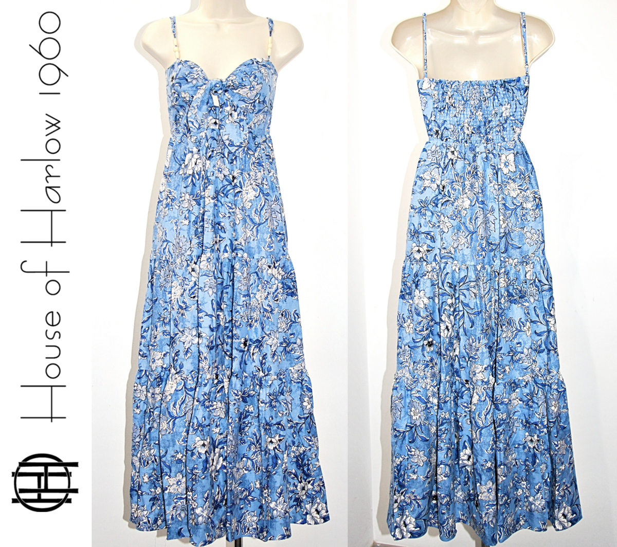 House of Harlow Bow Tie Front Linen Blend Tiered Maxi Dress in Blue Multi sz XS House of Harlow Bow Tie Front Linen Blend Tiered Maxi Dress in Blue Multi sz XS