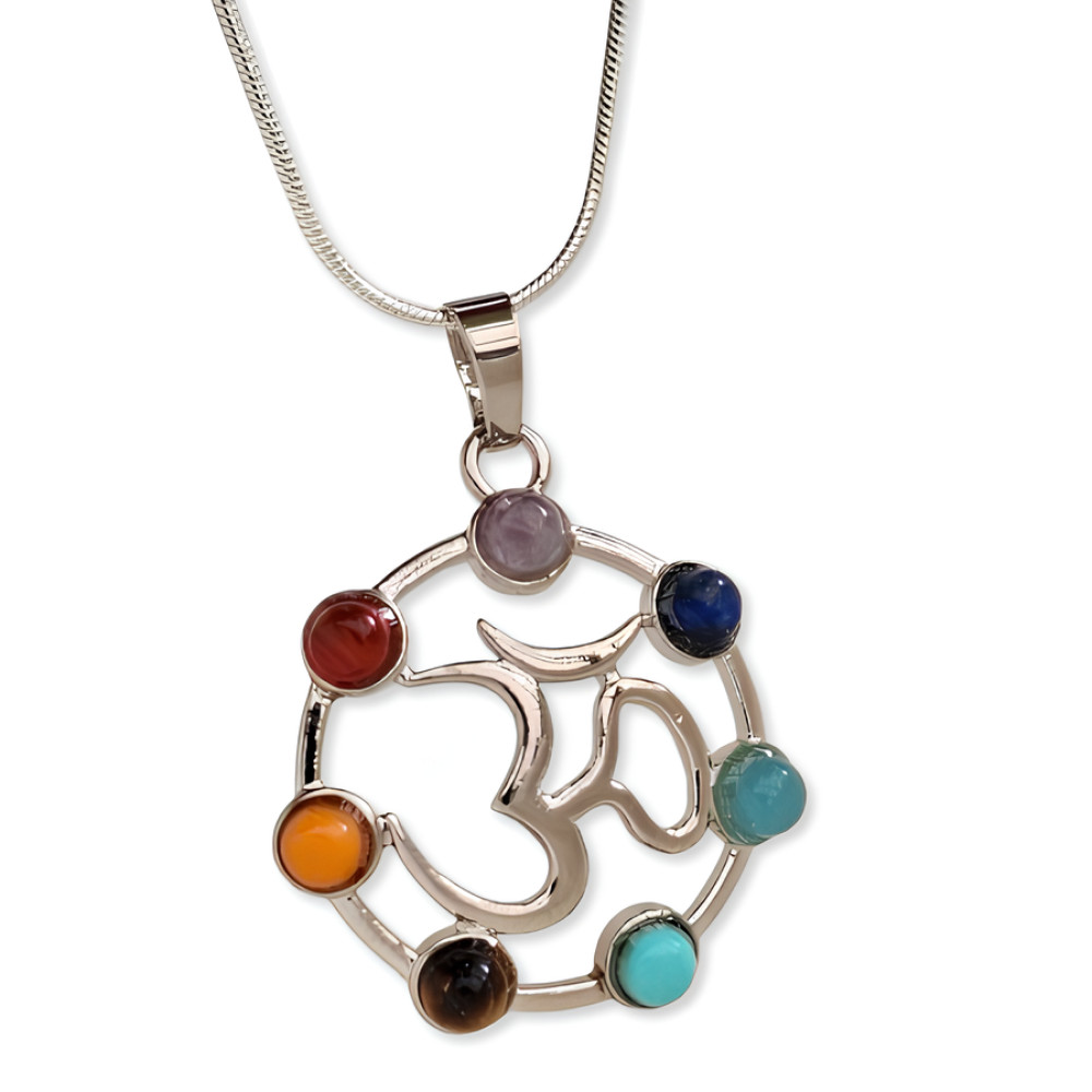 Om Chakra Necklace Gemstone Pendant 22"" 925 Silver Snake Chain Boxed Jewellery