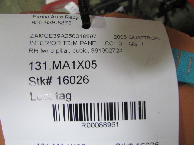Maserati Quattroporte, RH, Right Lower C-Pillar Trim Panel, Cuoio, P/N 981302724