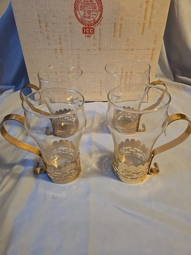 VINTAGE SODA/MILKSHAKE Glass 12 oz in Metal Frame Soda Jerk Glass OLD SET 4