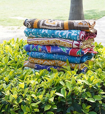 Vintage indian kantha quilt reversible handmade cotton throw boho 85X55  blanket